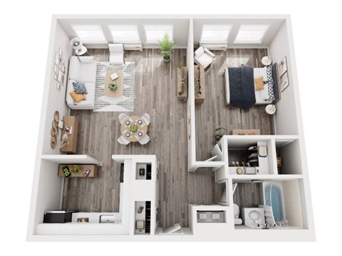 A top-down view of a small apartment with a kitchen, living room, and bedroom.