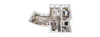 A top-down view of a modern, open-plan living space with a kitchen, dining area, and living room.
