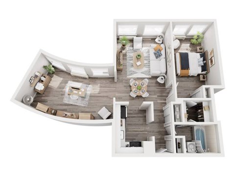 A top-down view of a modern, open-plan living space with a kitchen, dining area, and living room.