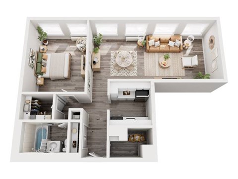 A top-down view of a small apartment with a living room, kitchen, and bathroom.