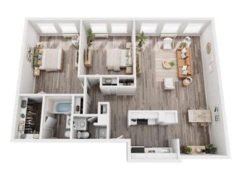A top-down view of a well-organized apartment with a kitchen, living room, and bathroom.