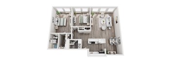 A top-down view of a small, neatly organized apartment with a kitchen, living room, and bathroom.