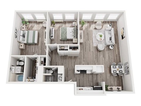 A top-down view of a small, neatly organized apartment with a kitchen, living room, and bathroom.