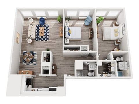 A top-down view of a modern apartment with a kitchen, living room, and two bedrooms.