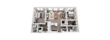 A top-down view of a small apartment layout with a kitchen, living room, and bedrooms.