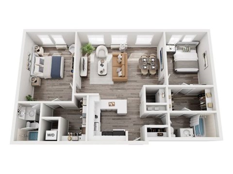 A top-down view of a small apartment layout with a kitchen, living room, and bedrooms.
