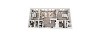 A top-down view of a house interior with a living room, kitchen, and two bedrooms.