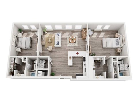A top-down view of a house interior with a living room, kitchen, and two bedrooms.