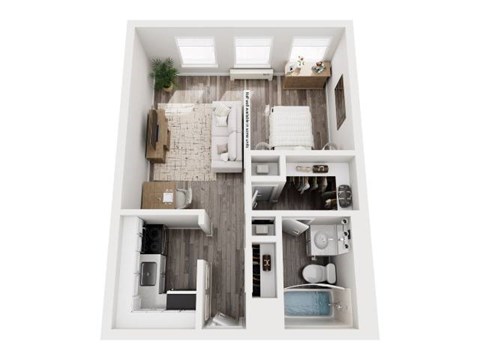 A top down view of a small apartment with a kitchen, living room, and bedroom.