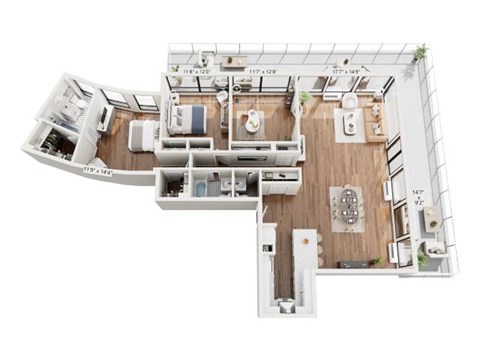 A top down view of a house layout with a kitchen, living room, and bathrooms.