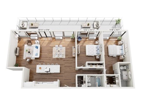 A top-down view of a small apartment layout with a kitchen, living room, and bedroom.