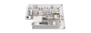A floor plan of a house with a kitchen, living room, and two bedrooms.