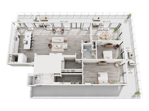 A floor plan of a house with a kitchen, living room, and two bedrooms.