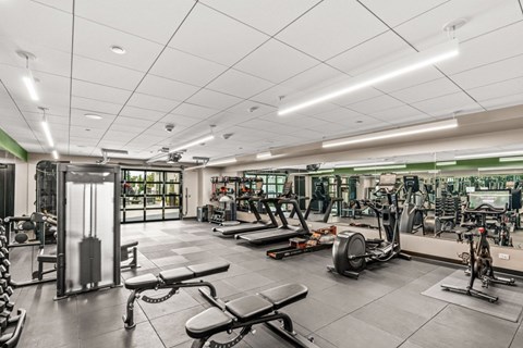A spacious gym with a variety of equipment including treadmills, weights, and exercise machines.