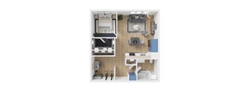 A small apartment with a kitchen, living room, and bedroom.