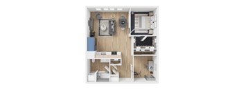 A dollhouse with a blue cabinet and white furniture.