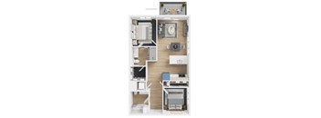 A detailed 3D floor plan of a small apartment.