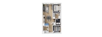 A top-down view of a small apartment with a kitchen, living room, and bedroom.