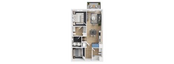 A top-down view of a small apartment with a kitchen, living room, and bedroom.