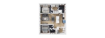 A top-down view of a small apartment with a kitchen, living room, and bedroom.