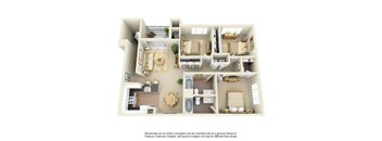 A 3D rendered image of a house layout.