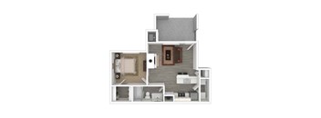 A floor plan of a small apartment with a bedroom, living room, and kitchen.