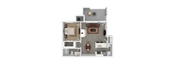 A 3D floor plan of a small apartment with a bedroom, living room, and kitchen.