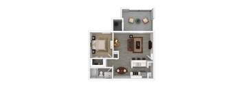 A top-down view of a modern apartment layout with a kitchen, living room, and bathroom.