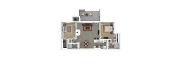 A floor plan of a house with a kitchen, living room, dining room, and two bedrooms.
