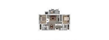 A floor plan of a house with a kitchen, living room, dining room, and two bedrooms.