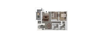 A 3D floor plan of a house with a kitchen, living room, and bedrooms.