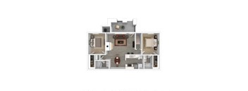 A floor plan of a house with a living room, kitchen, dining room, and two bedrooms.