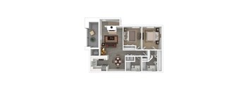 A floor plan of a house with a kitchen, living room, and two bedrooms.