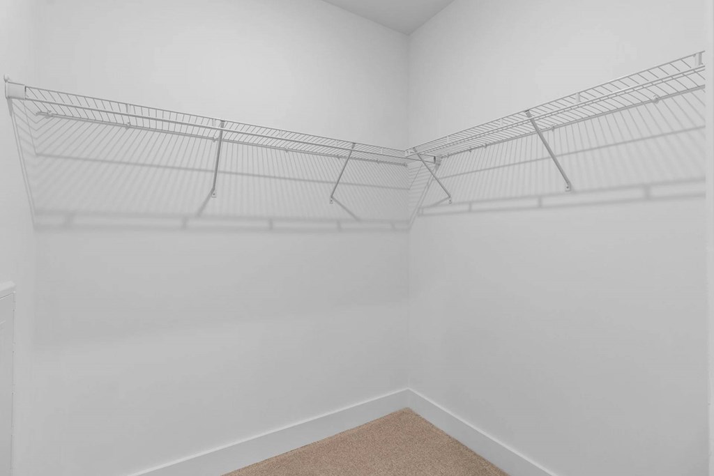 A white wall with a wire shelf and a carpeted floor.