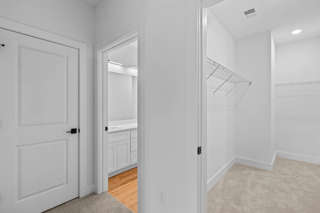 A white door is open to a room with a closet.