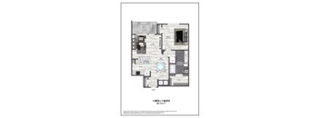 A floor plan of a one bedroom apartment with one bathroom.