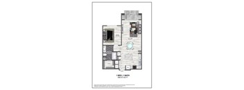 A floor plan for a 1 bedroom, 1 bathroom apartment.