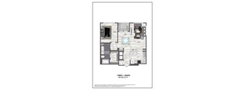 A floor plan of a 1 bedroom, 1 bathroom apartment.