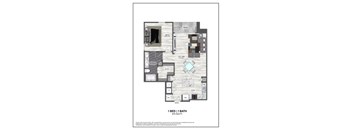 A floor plan of a one bedroom apartment with one bath.