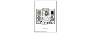 A floor plan of a 2 bedroom, 2 bathroom apartment sized 1243 sq ft.