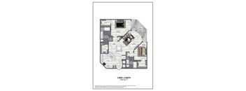 A floor plan of a 2 bedroom, 2 bathroom apartment sized 1350 sq ft.