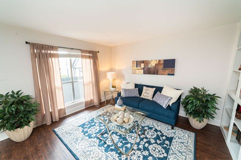 A living room with a blue couch and a large rug.