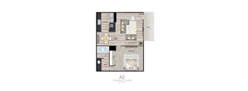A floor plan of a one bedroom apartment with one bathroom.
