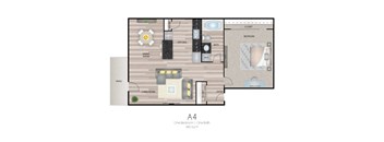 A floor plan of a one bedroom apartment with a living room, kitchen, bath, and closet.
