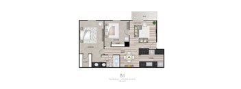 A floor plan of a one bedroom apartment with a living room, kitchen, and bathroom.