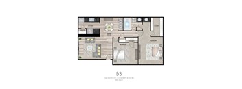 A floor plan of apartment B3 with two bedrooms and one bathroom.