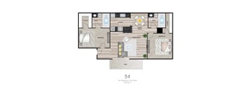 A floor plan of a two bedroom apartment with two bathrooms.