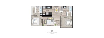 A floor plan of a B5 sized apartment with two bedrooms and one bathroom.