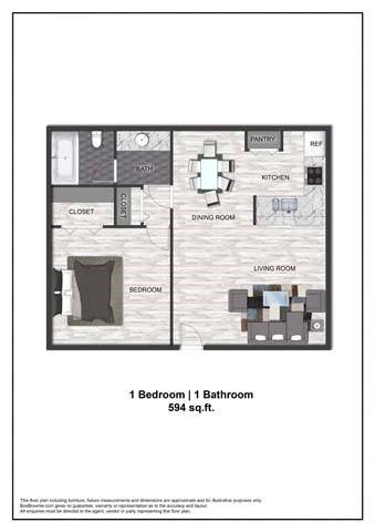 A floor plan of a one bedroom apartment with a bathroom.