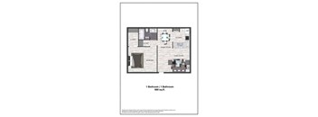 A floor plan of a small apartment with a bedroom, living room, kitchen, and bathroom.